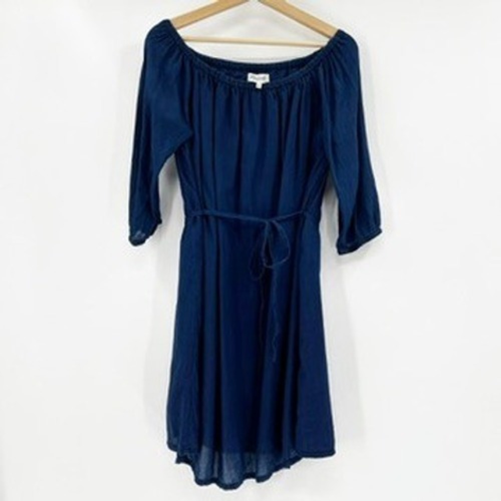 Madewell Off The Shoulder Dress Navy Blue‎ Cotton Belted Midi Size S